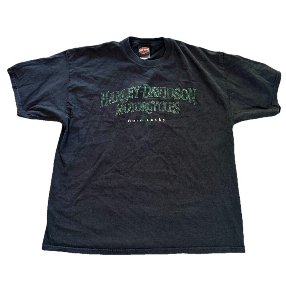 Harley Davidson Chi-Town Tinley Park IL Mens XL Black Born Lucky Shamrock Shirt